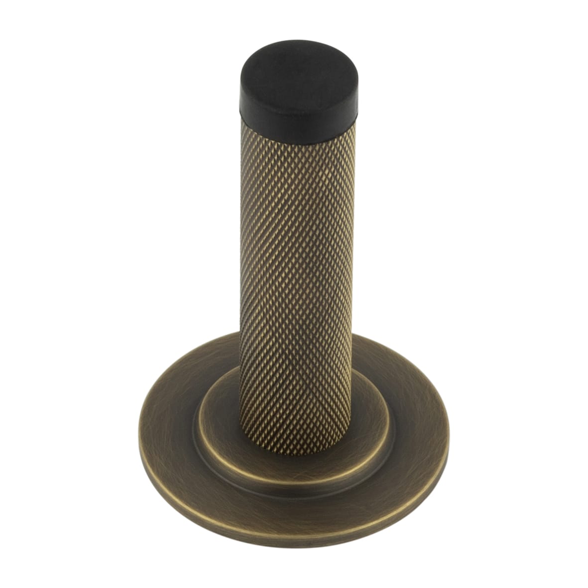 Knurled Projection Door Stop on Stepped Rose - 76mm Projection - Antique Brass