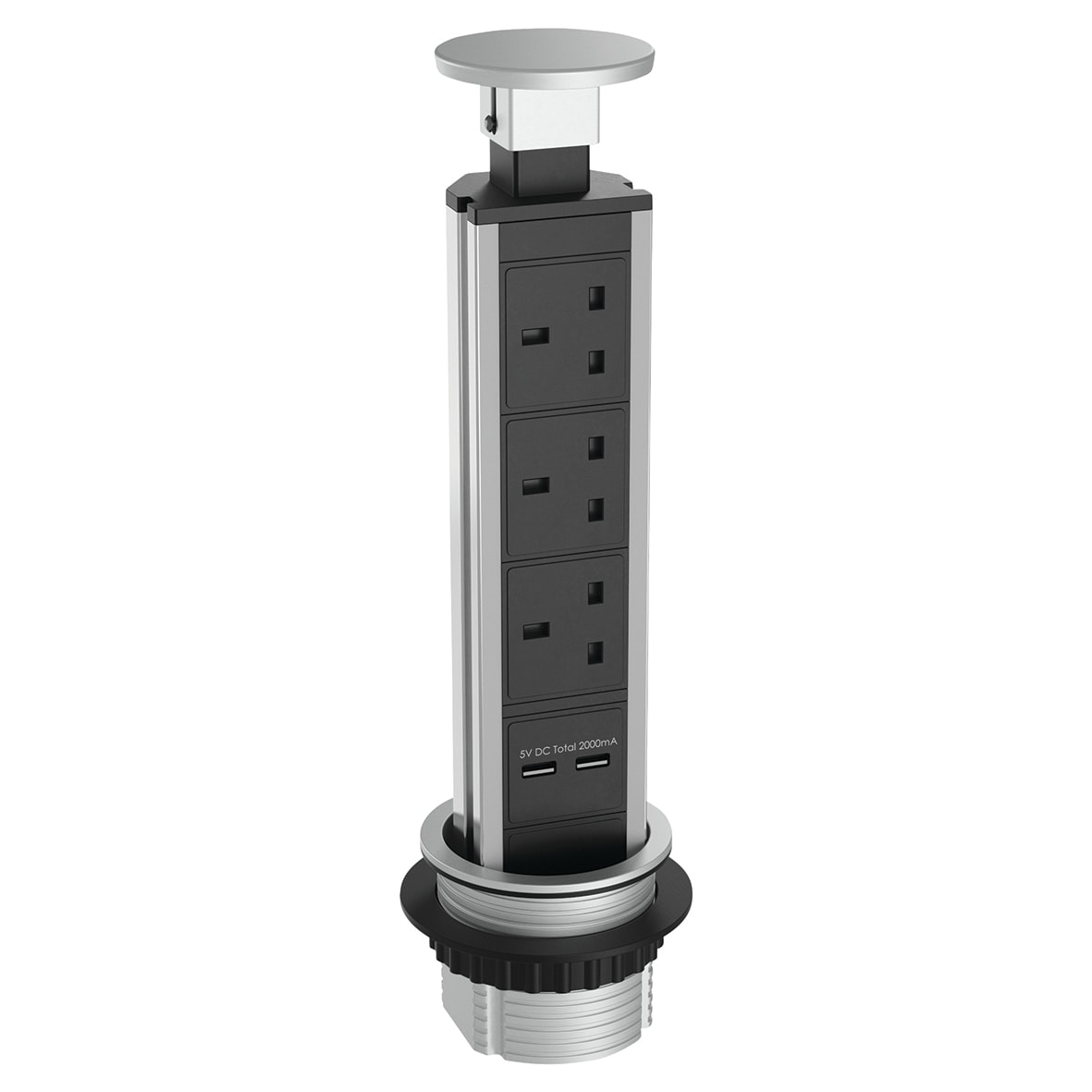 SensioPod E Slimline 3 Gang Pop-Up Socket with 2 x USB Ports - Aluminium