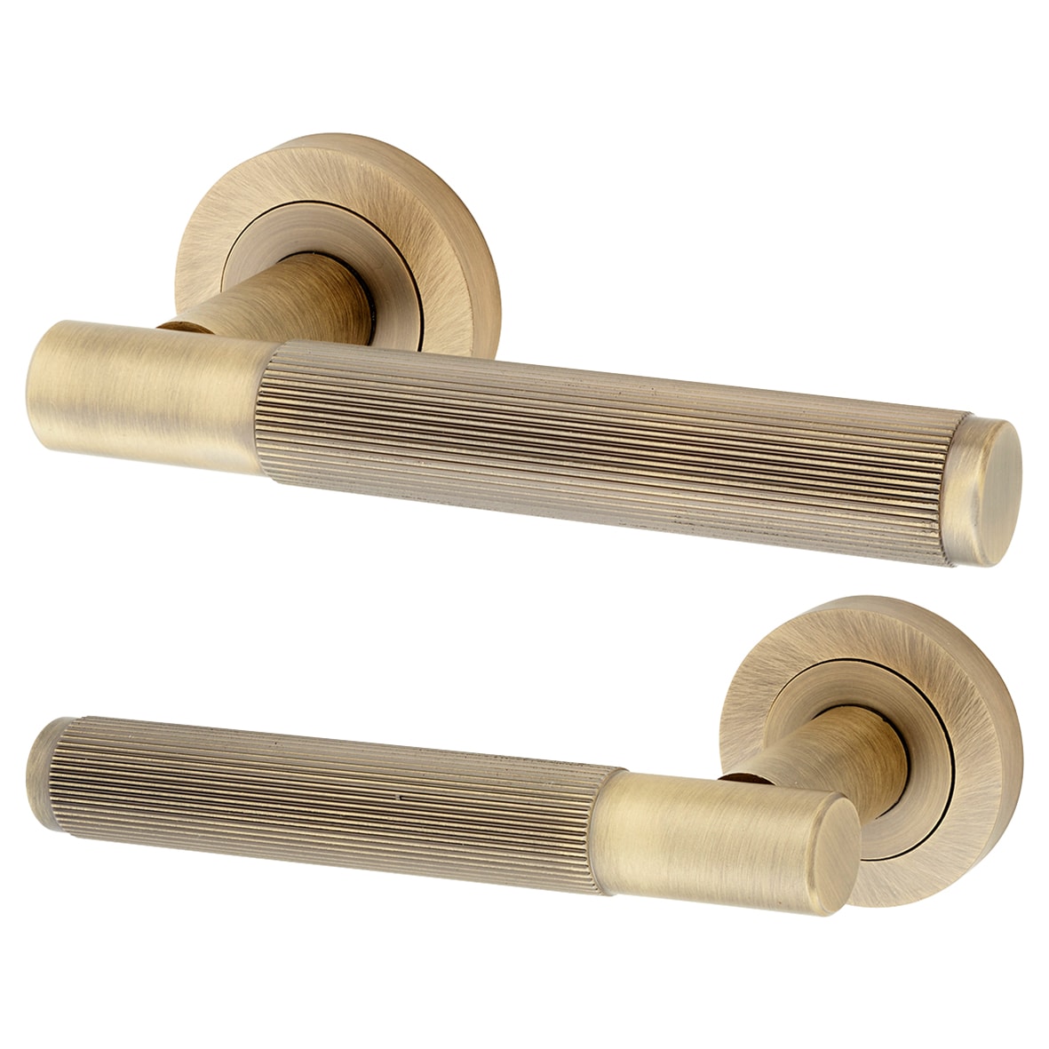 Antique Brass Fire Rated Lines Door Handles on Rose - Venice Range