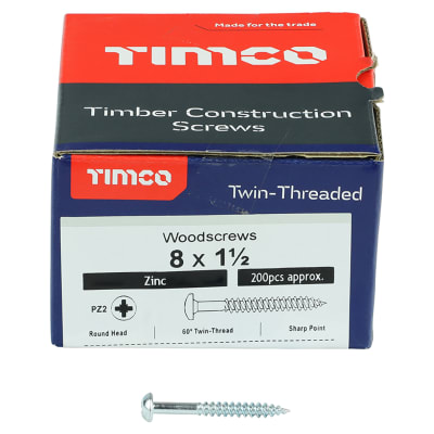 Twin Threaded Pozi Round Head Wood Screws - 8 x 1 1/2" - Zinc Plated - Pack of 200