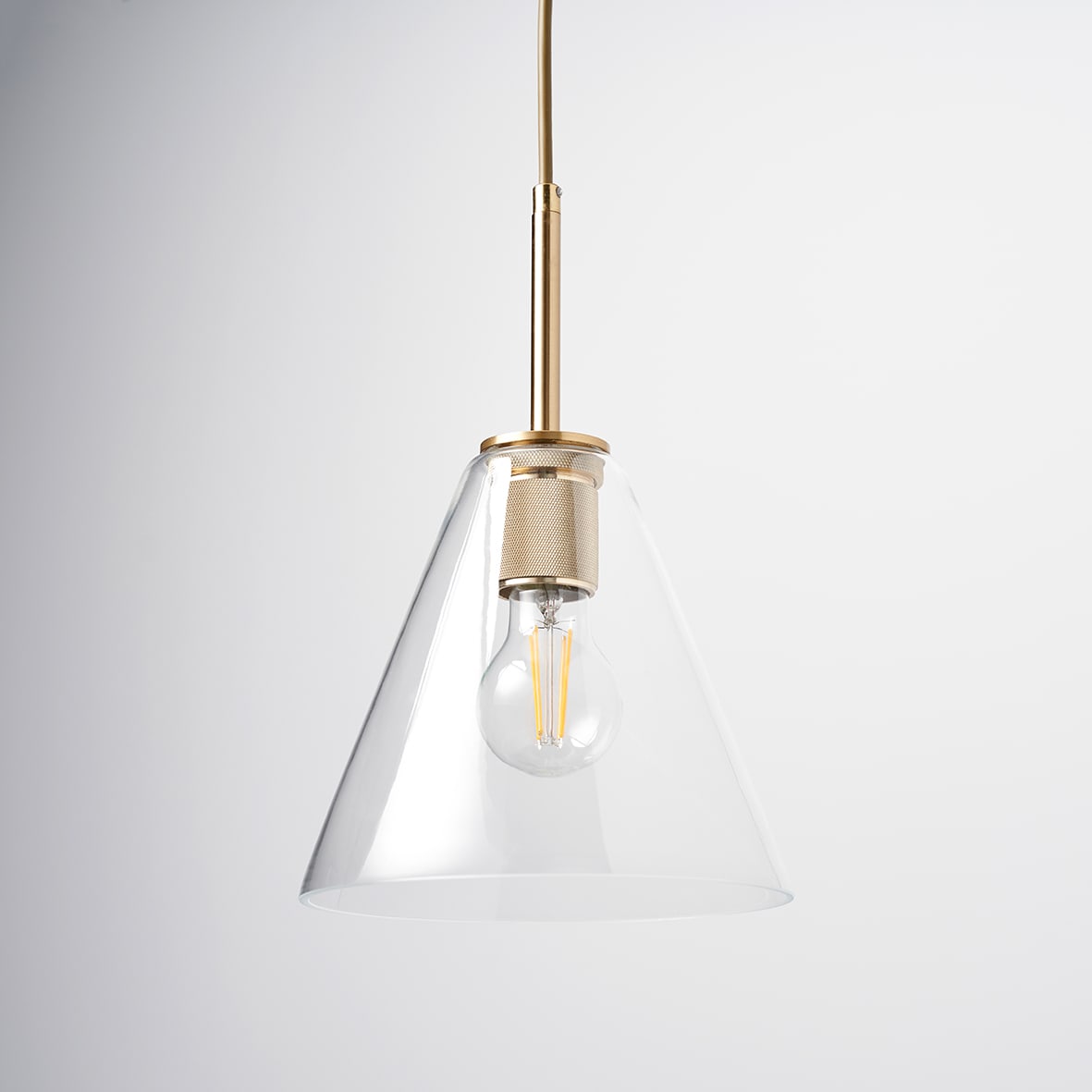 Noord Knurled Ceiling Light Pendant - Satin Brass Fittings and Hooded Clear Glass Shade