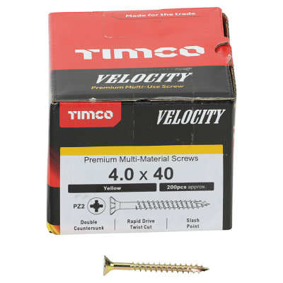Velocity Pozi Countersunk Wood Screws - 4.0 x 40mm - Yellow Zinc - Pack of 200