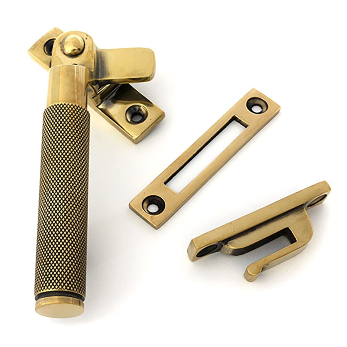 Brompton Knurled Locking Mortice & Hook Plate Window Fastener - Left - Aged Brass