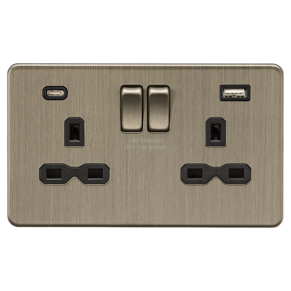 13A 2 Gang Screwless Type A/C USB Socket with 2 x USB - 4A - Antique Brass/Black