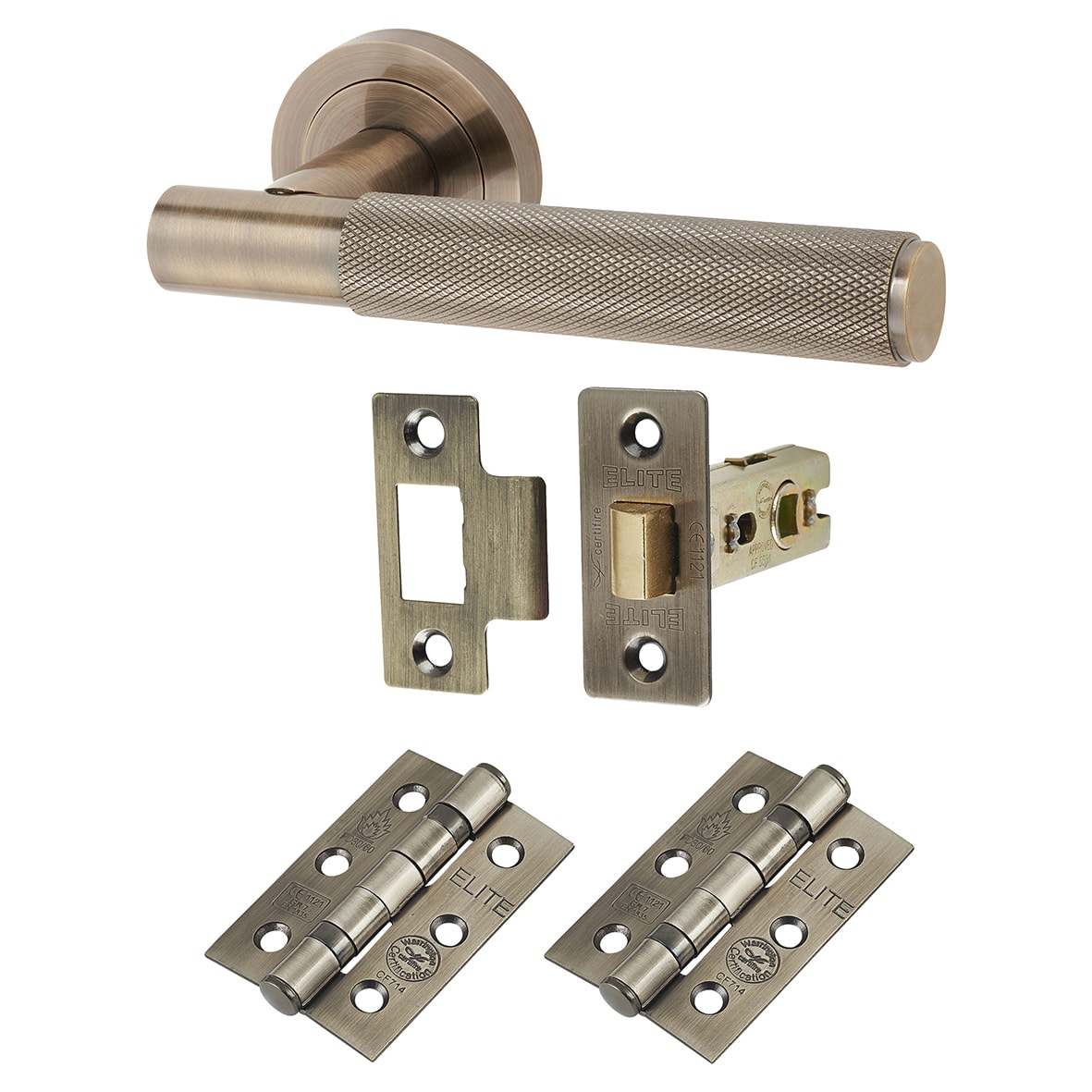 Antique Brass Knurled Latch Door Handles on Rose Pack - Remi Range