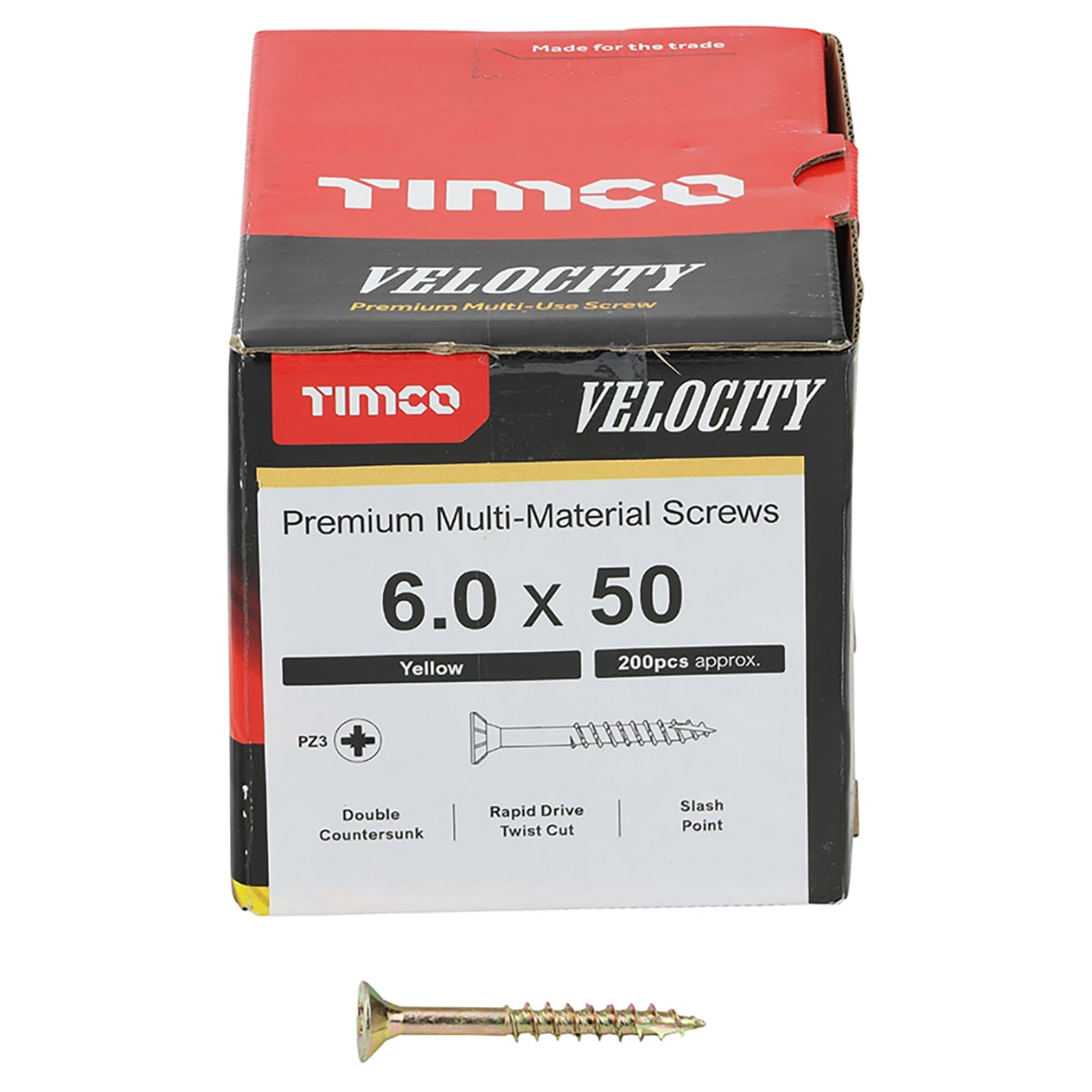Velocity Pozi Countersunk Wood Screws - 6.0 x 50mm - Yellow Zinc - Pack of 200