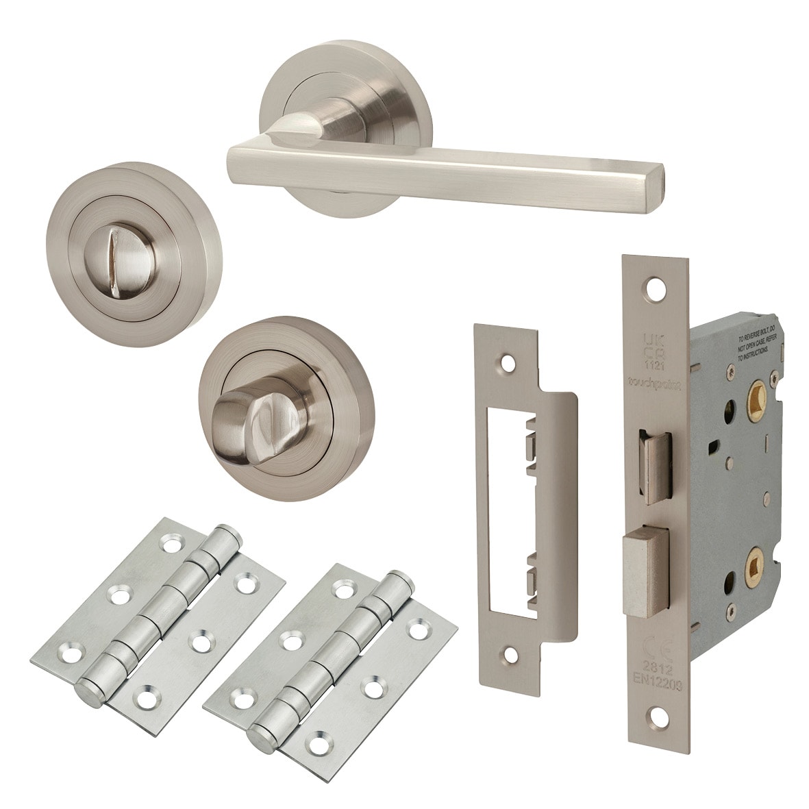 Satin Nickel Bathroom Lock Door Handles on Rose Pack - Lexi Range