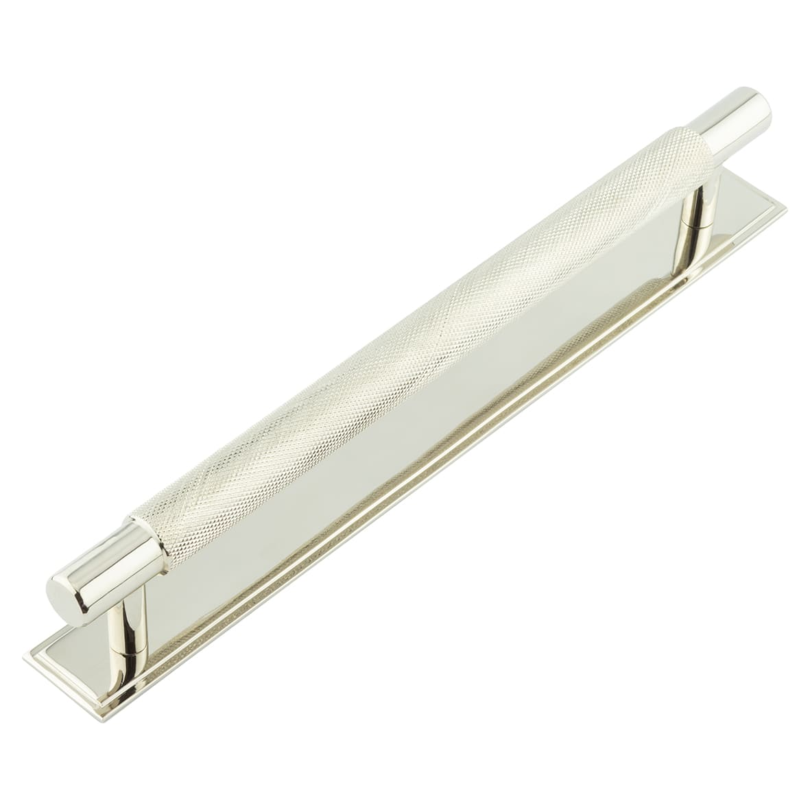 Taplow 18mm Knurled T-Bar Cabinet Pull Handle on Stepped Backplate - 224mm c/c - Polished Nickel