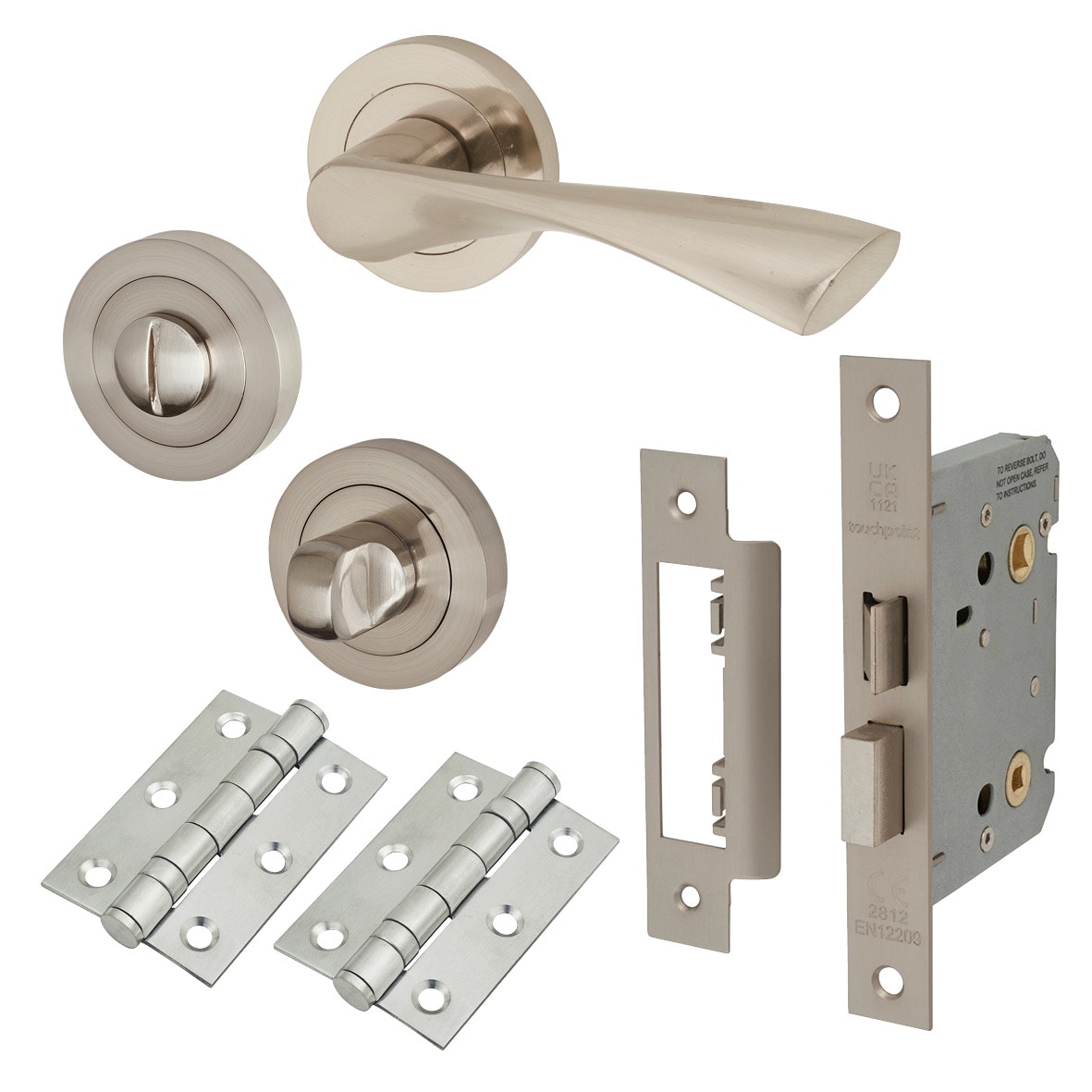 Satin Nickel Bathroom Lock Door Handles on Rose Pack - Ariel Range