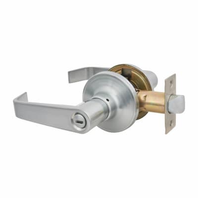 Satin Chrome Return to Door Hotel Bathroom Door Handles on Round Rose Set