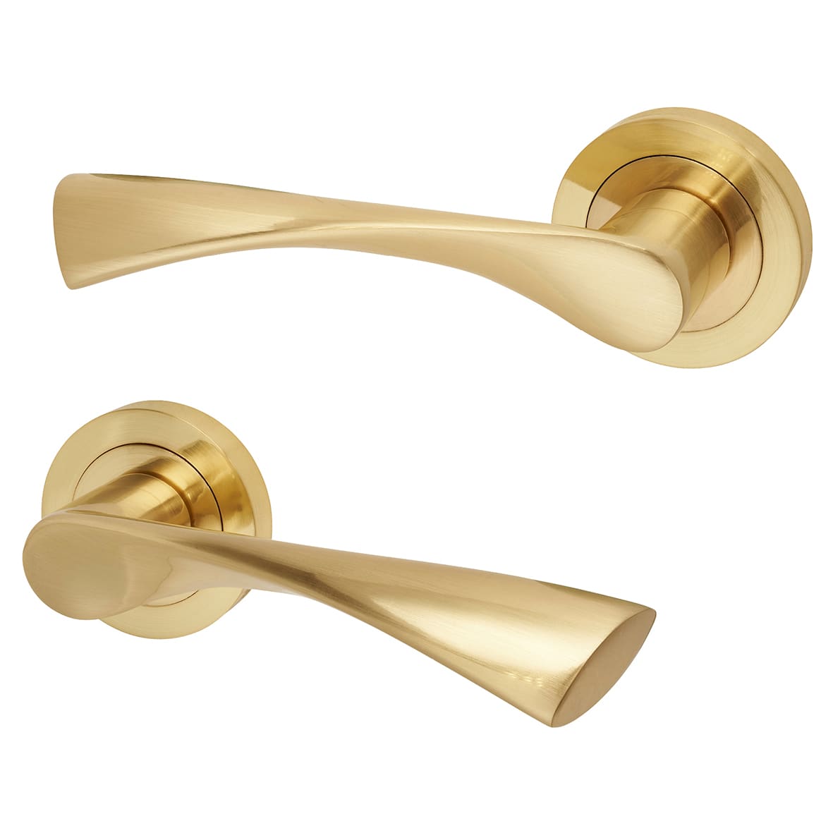 Satin Brass Door Handles on Round Rose - Knightsbridge Range