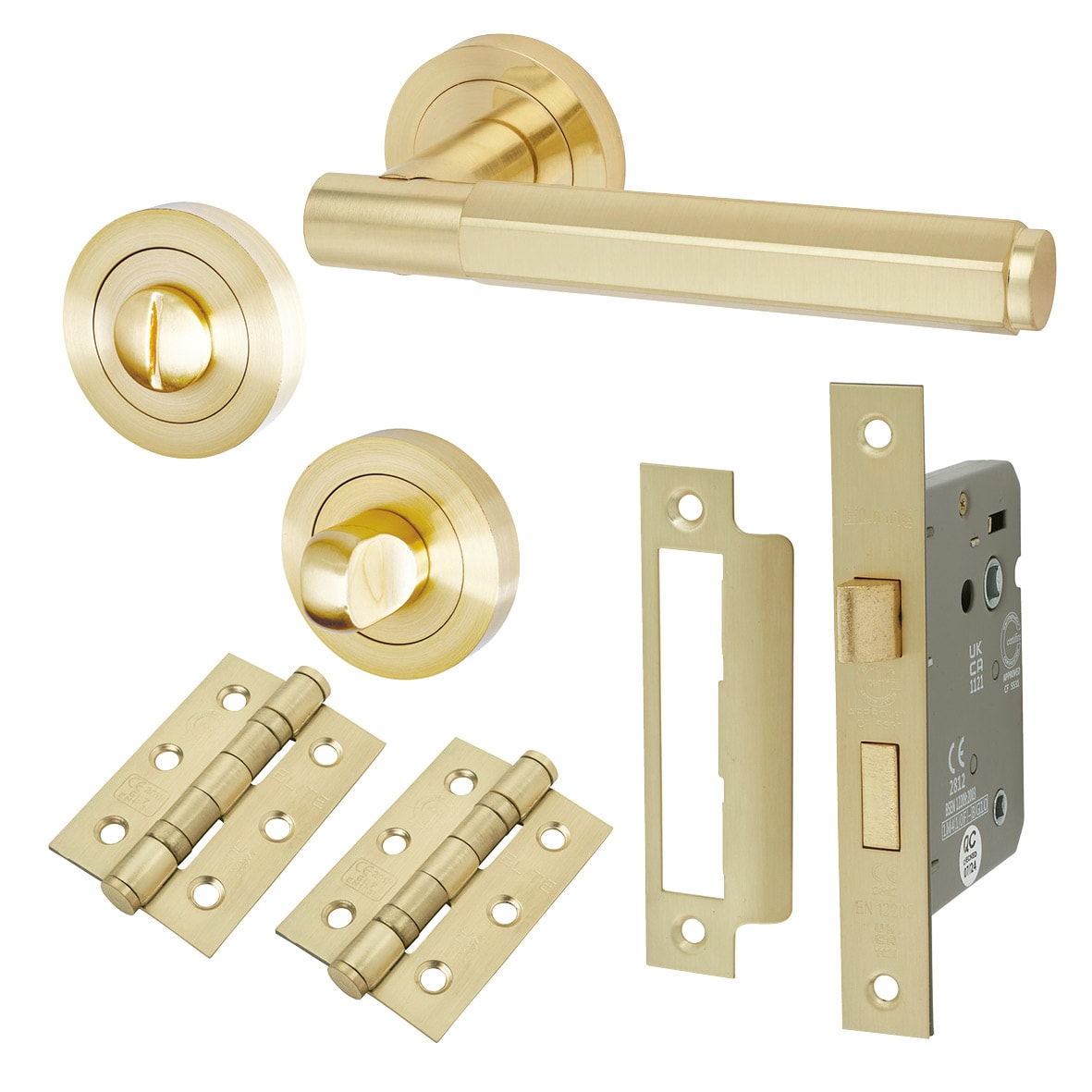 Satin Brass Hexagonal Bathroom Lock Door Handles on Rose Pack - Juno Range