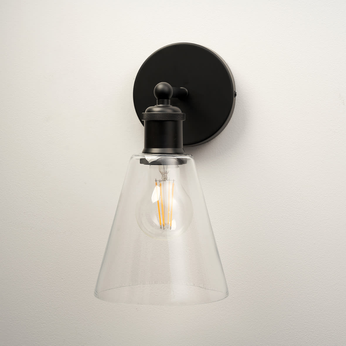 Divi Indoor Wall Light - Matt Black Fittings and Hooded Clear Glass Shade
