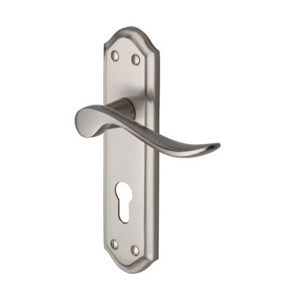 Marcus Satin Nickel Scroll Euro Lock Door Handles - Sandown Range - 180 x 48mm