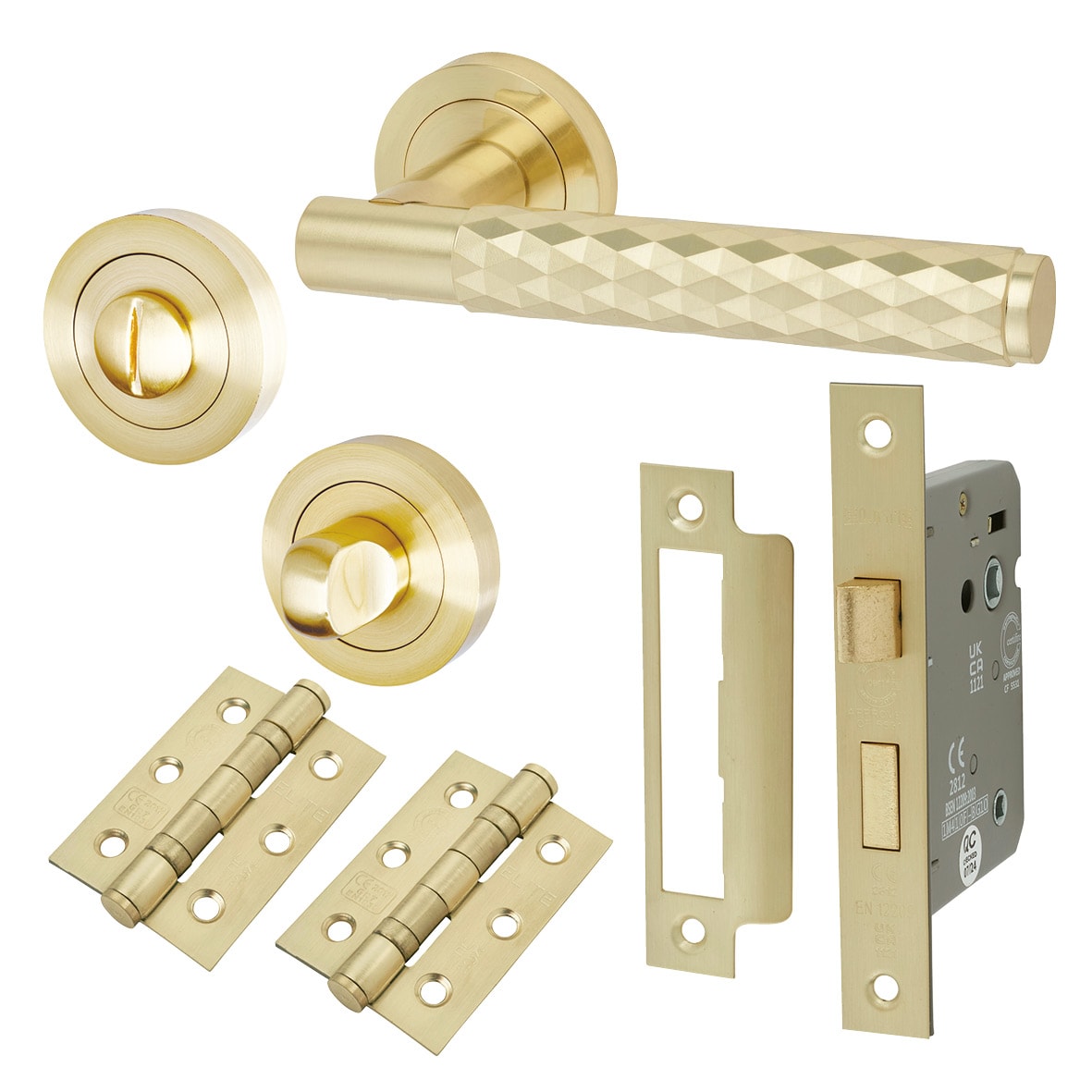 Satin Brass Diamond Bathroom Lock Door Handles on Rose Pack - Luna Range