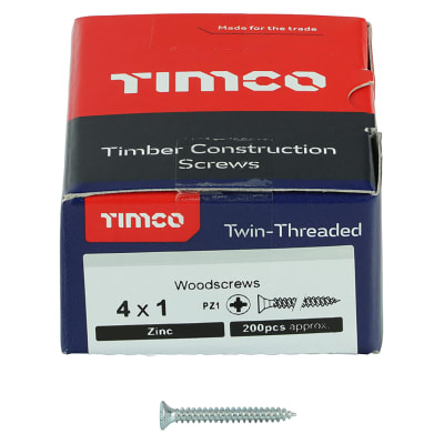 Twin Threaded Pozi Countersunk Wood Screws - 4 x 1" - Zinc Plated - Pack of 200
