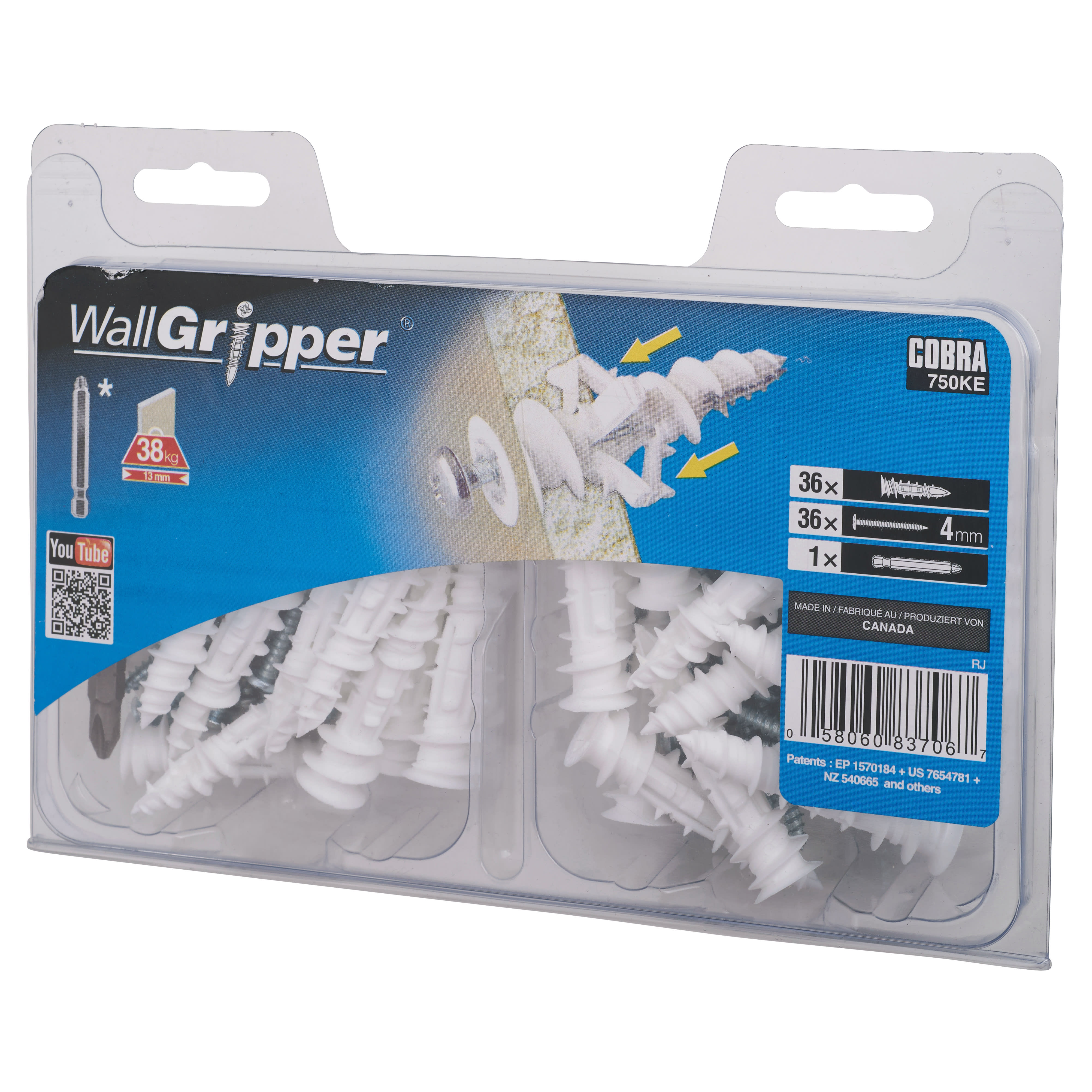 WallGripper Self Drilling Plasterboard Wall Anchor - 4 x 54mm - White - Pack of 36