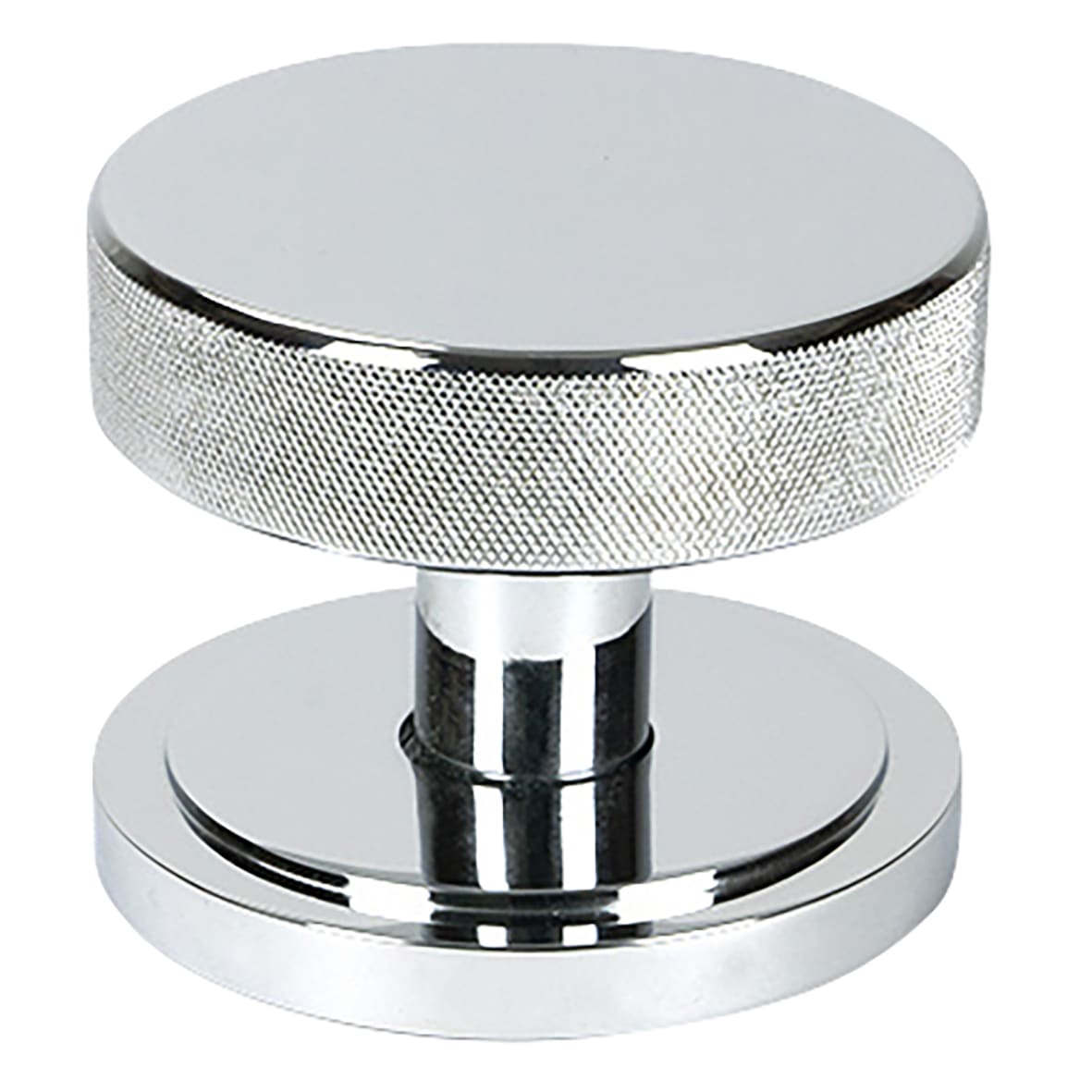 Brompton Polished Chrome Round Knurled Centre Door Knob on Art Deco Rose - 90mm Rose Diameter
