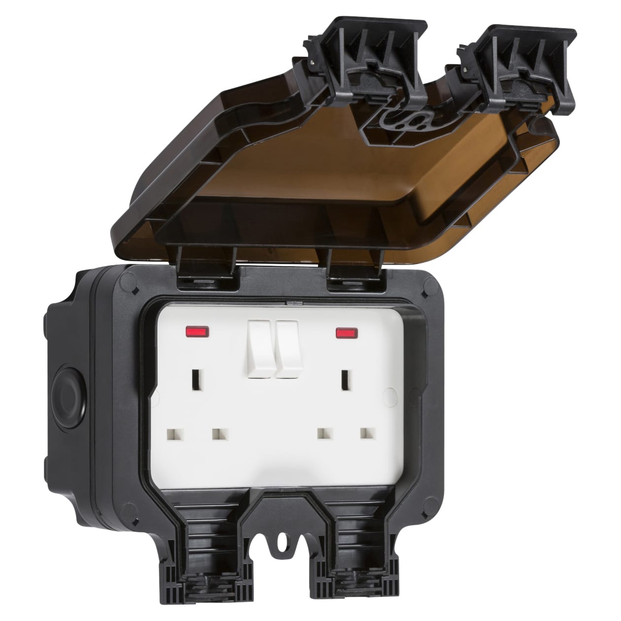 13A 2 Gang Switched Outdoor Weatherproof Socket with Neon - Black