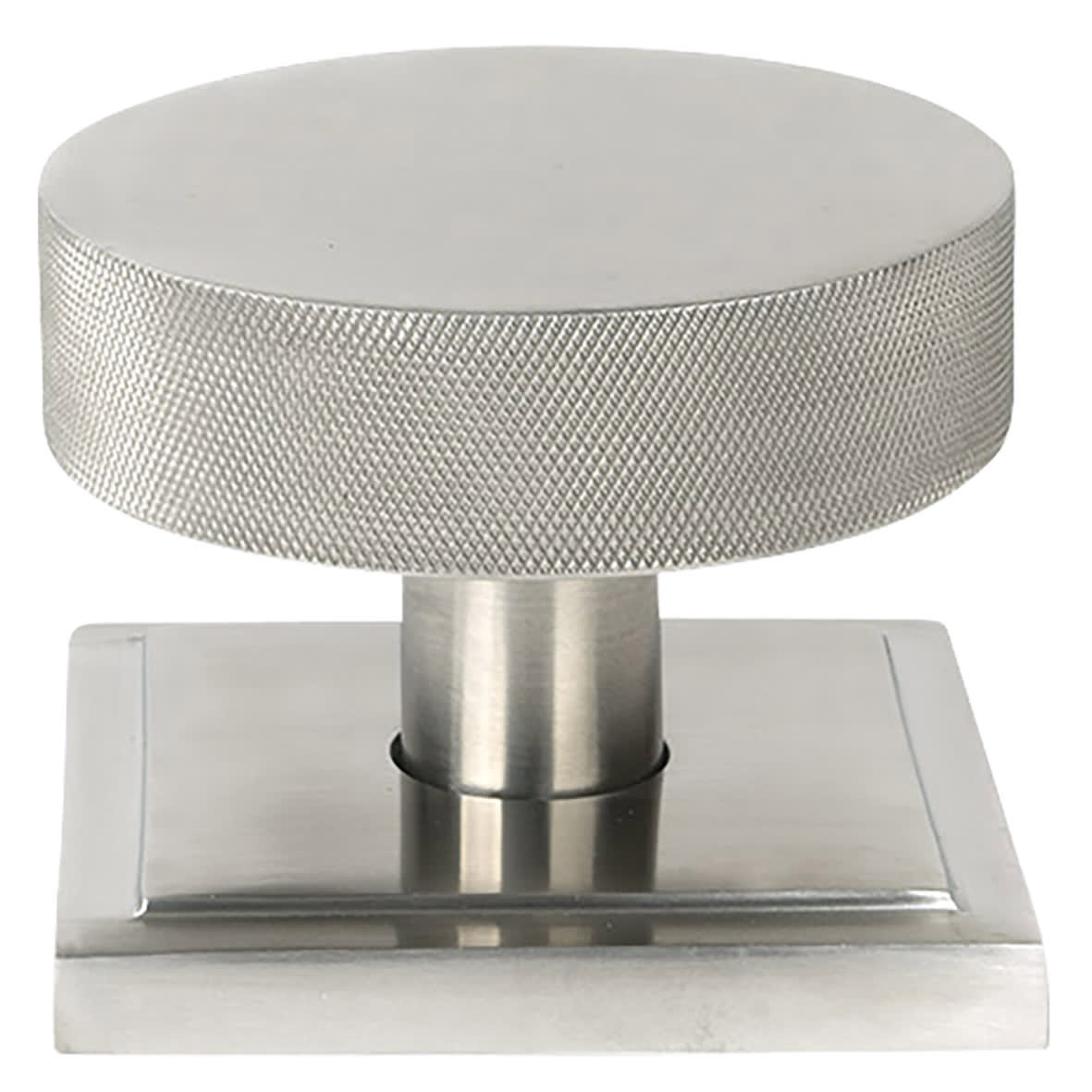 Brompton Satin Stainless Steel Round Knurled Centre Door Knob on Square Rose - 90 x 90mm Rose