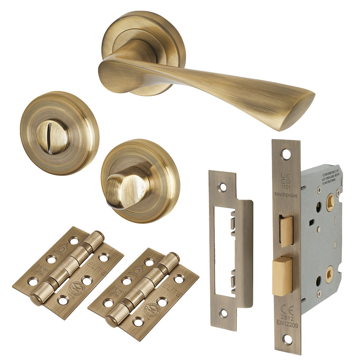 Antique Brass Bathroom Lock Door Handles on Rose Pack - Knightsbridge Range