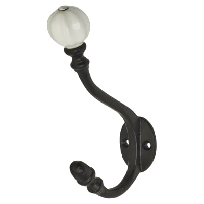 Single Hat & Coat Hook - 140 x 80mm - Antique Black Iron & Porcelain