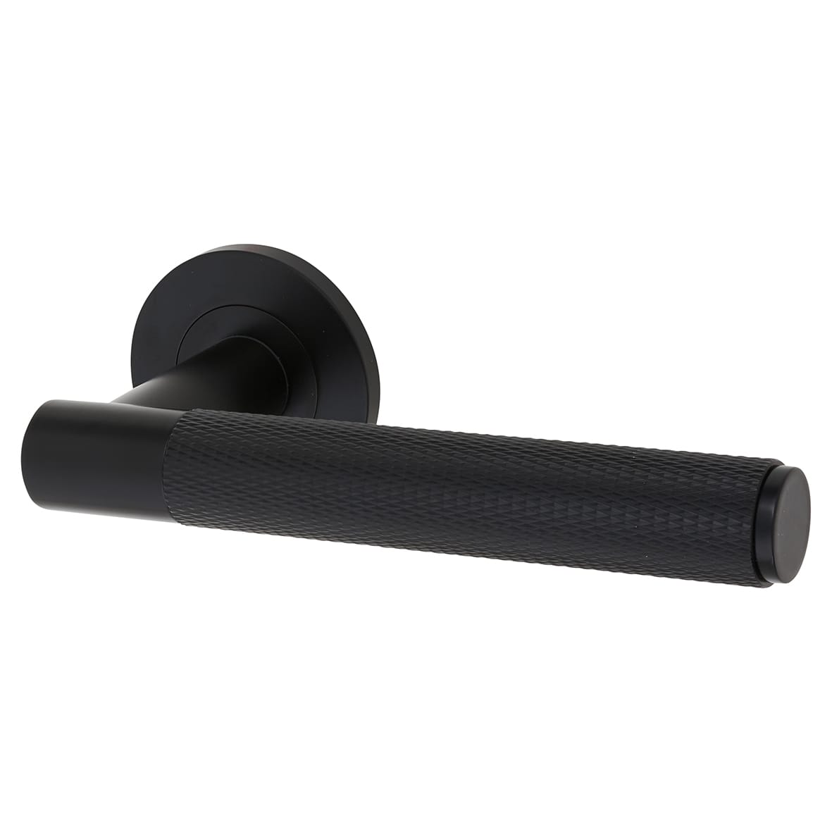 Matt Black Knurled Door Handles on Round Rose - Spitfire Range