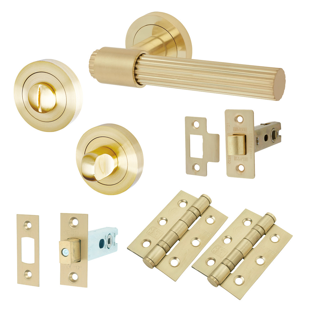 Satin Brass Lines Bathroom Deadbolt Lock Door Handles on Rose Pack - Eva Range