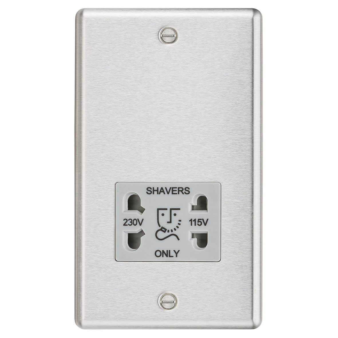 115/230V Round Edge Dual Voltage Shaver Socket - Brushed Chrome with Grey Insert