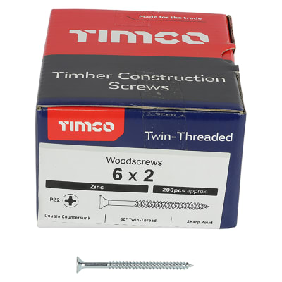 Twin Threaded Pozi Countersunk Wood Screws - 6 x 2" - Zinc Plated - Pack of 200