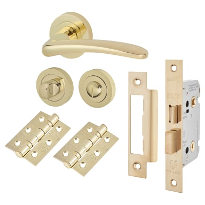 Polished Brass Bathroom Lock Door Handles on Rose Pack - Eloise Range
