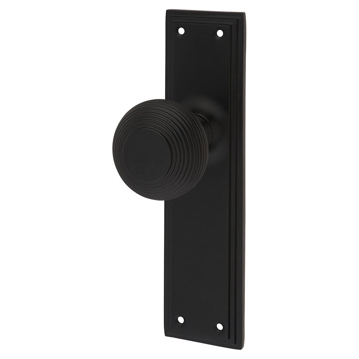Matt Black Reeded Latch Mortice Door Knob on Backplate - 205 x 52mm - Miller Range
