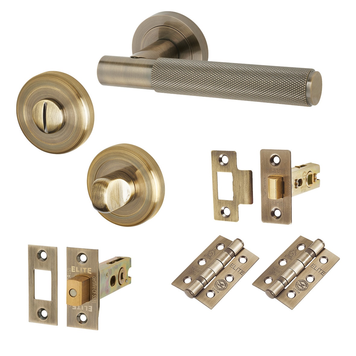 Antique Brass Knurled Bathroom Deadbolt Lock Door Handles on Rose Pack - Remi Range