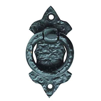 Ring Cabinet Drop Handle - 42mm Diameter on 80 x 38mm Plate - Antique Black Iron