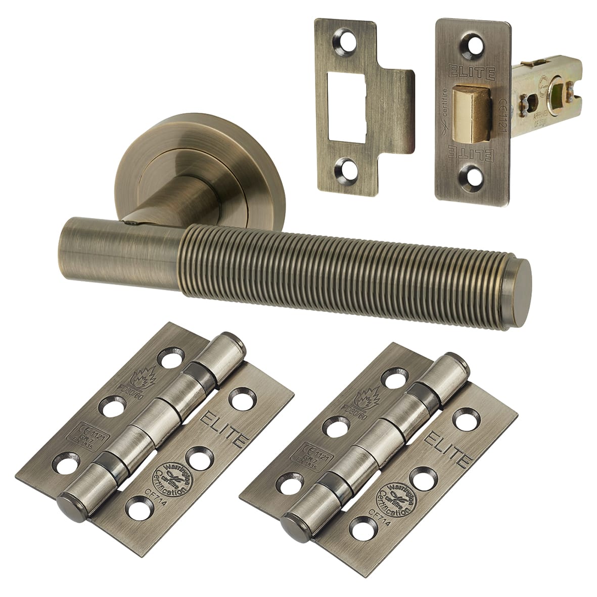 Antique Brass Reeded Latch Door Handles Pack - Lily Range