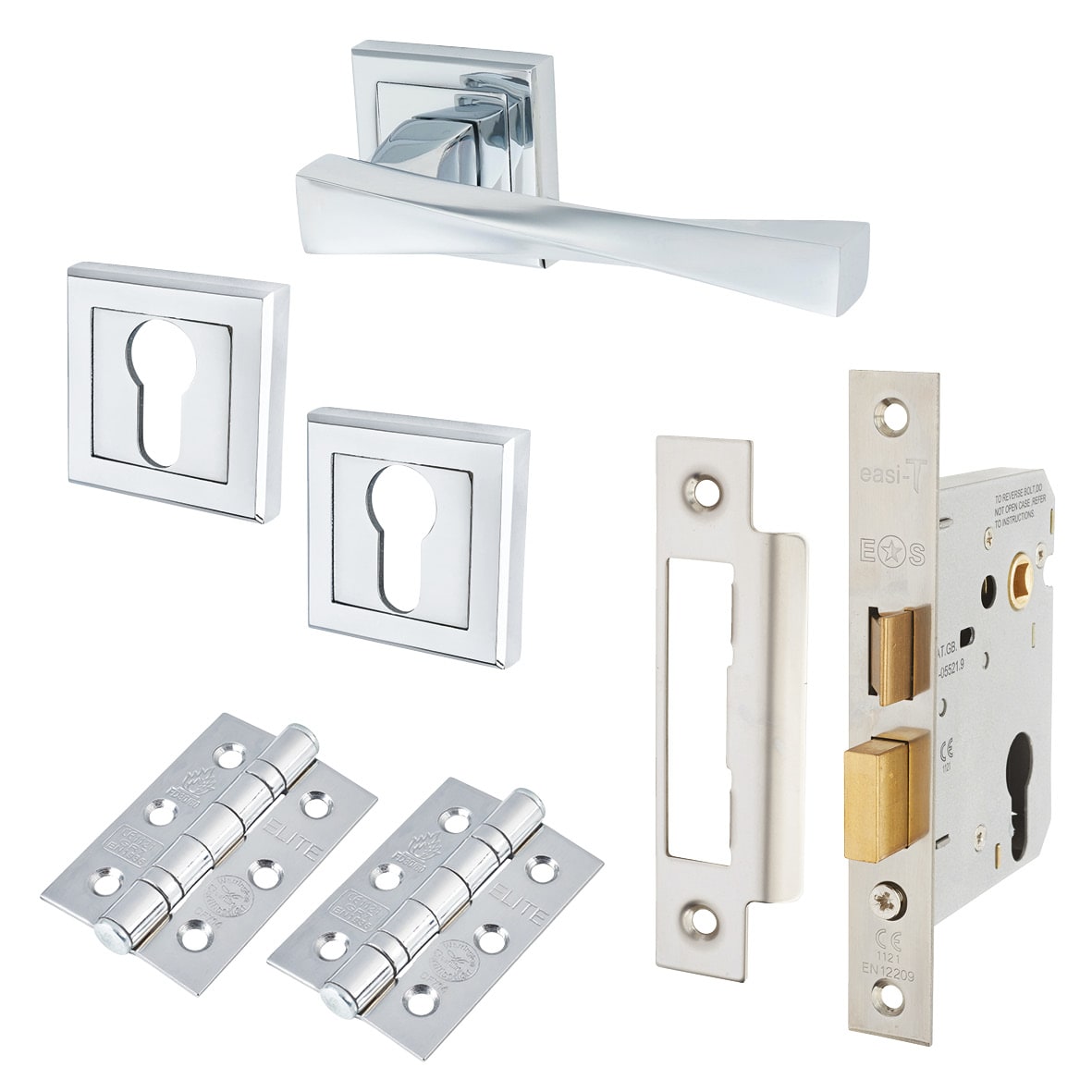 Polished Chrome Euro Lock Door Handles on Square Rose Pack - Spirit Range