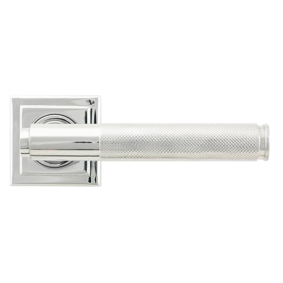 Polished Chrome Knurled Door Handles on Square Rose - Brompton Range