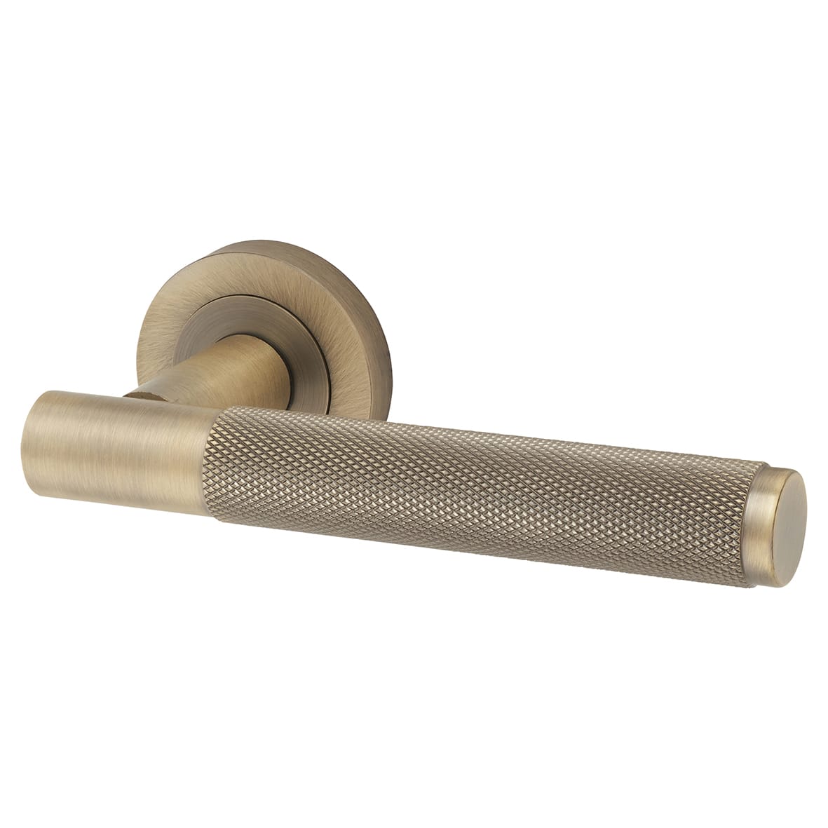 Antique Brass Fire Rated Knurled Door Handles on Round Rose - Bari Range