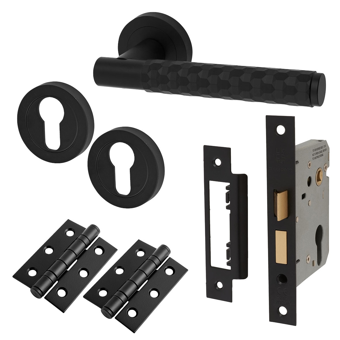 Matt Black Honeycomb Euro Lock Door Handles on Rose Pack - Cara Range