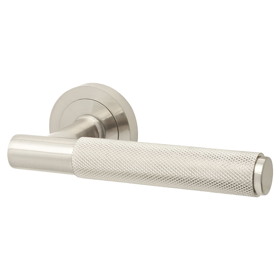 Satin Nickel Knurled Door Handles on Round Rose - Remi Range
