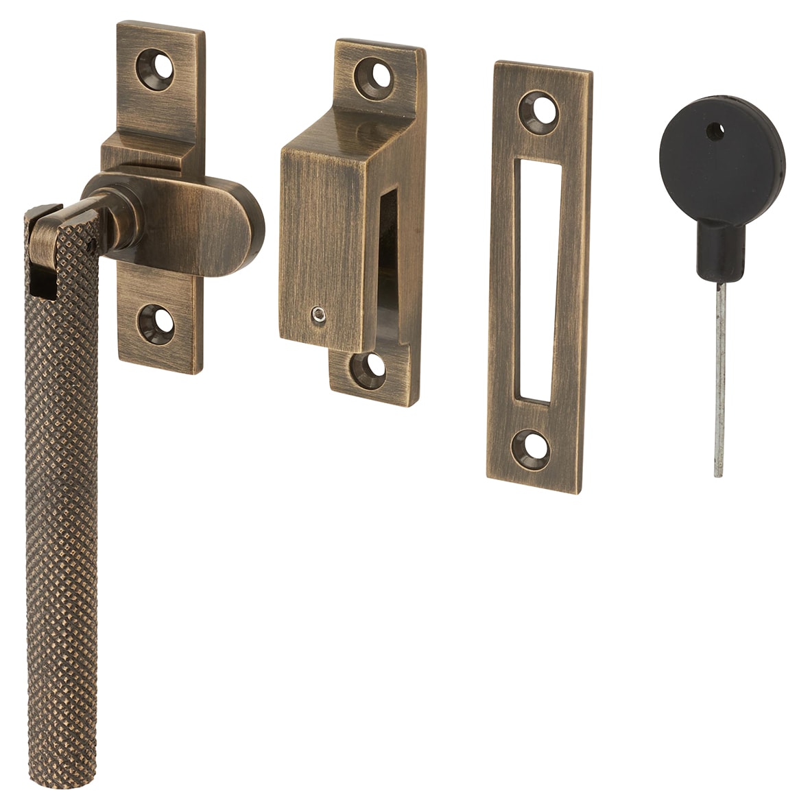 Willow Knurled Locking Mortice & Hook Plate Window Fastener - Reversible - Antique Brass