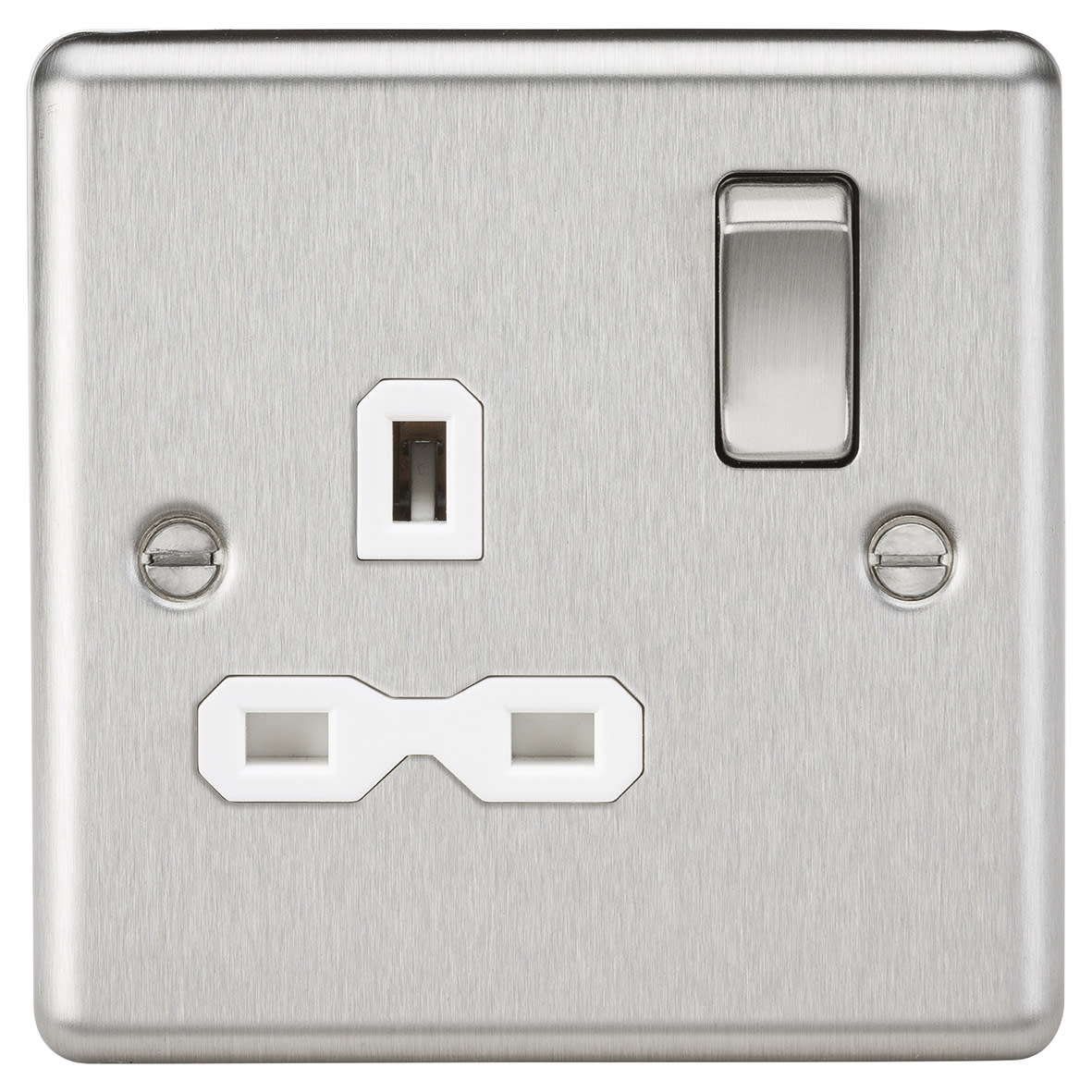 13A 1 Gang Double Pole Switched Socket - Brushed Chrome with White Insert