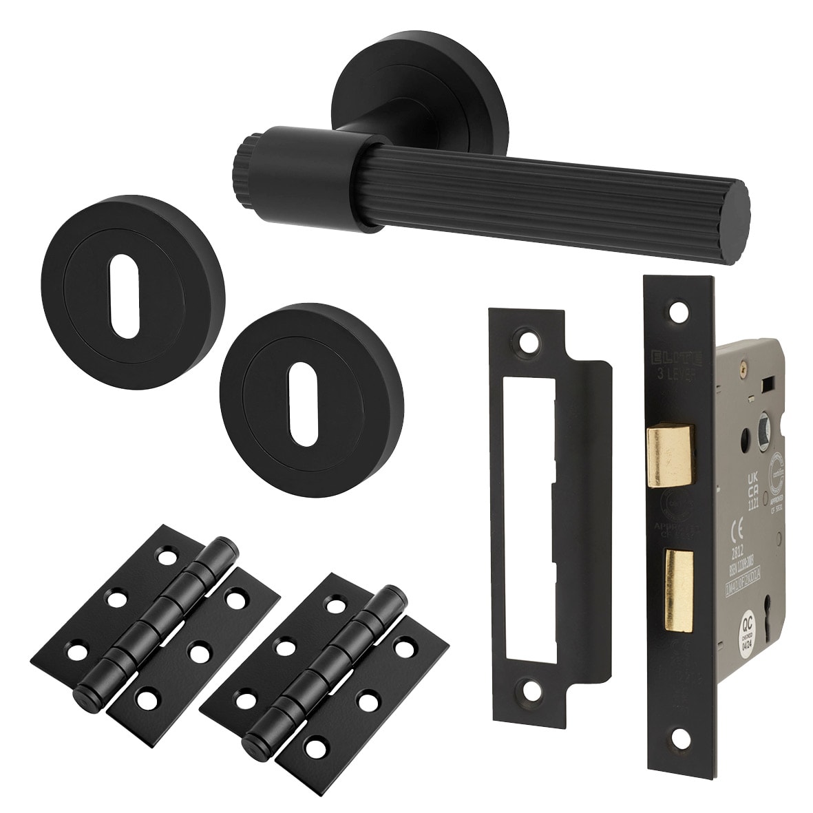 Matt Black Lines 3 Lever Sashlock Door Handles on Rose Pack - Eva Range