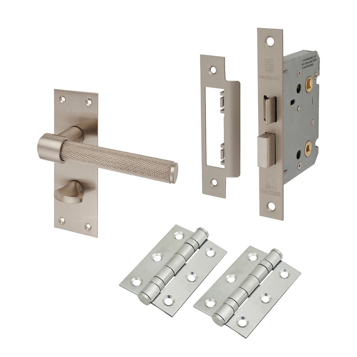 Satin Nickel Knurled Bathroom Lock Door Handles Pack - Loxley Range