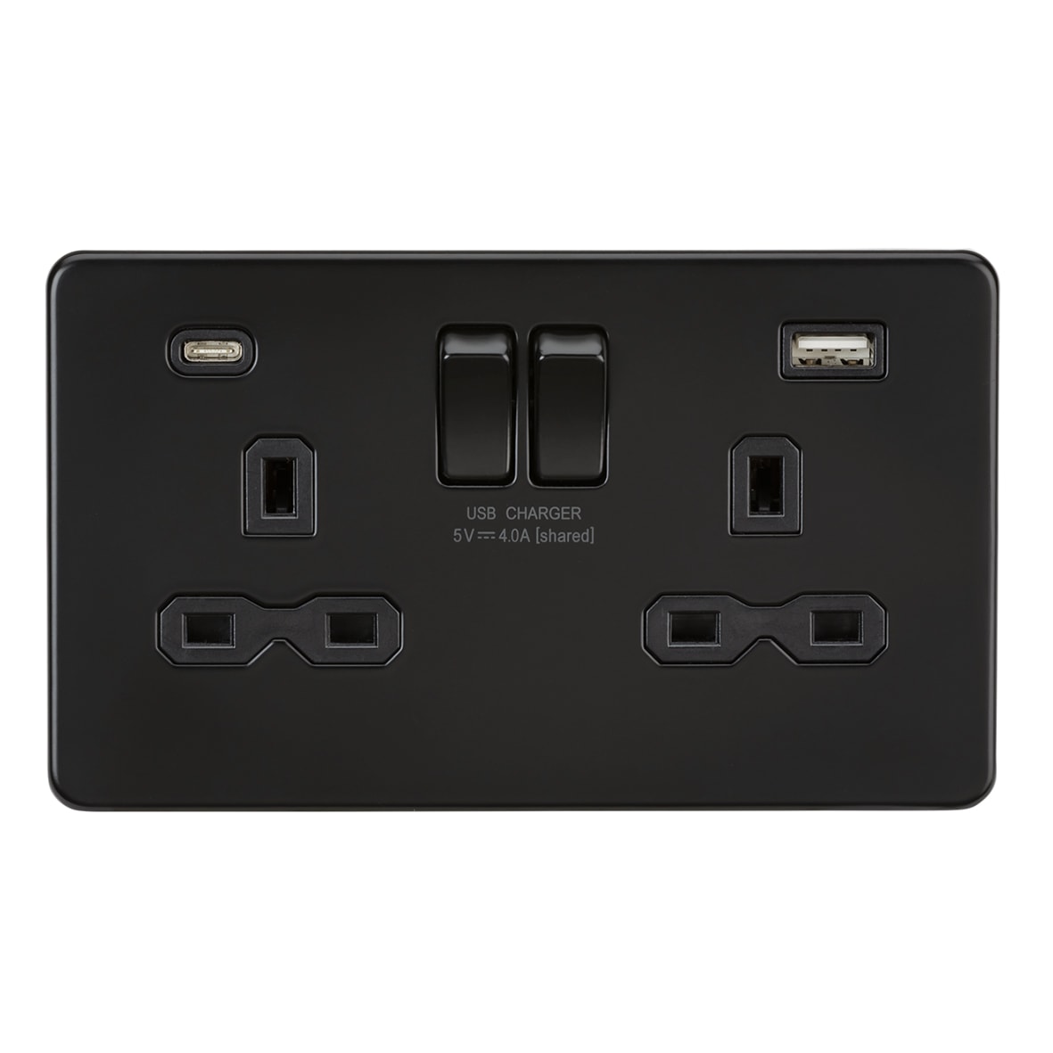 13A 2 Gang Screwless Type A/C USB Socket with 2 x USB - 4A - Matt Black/Black