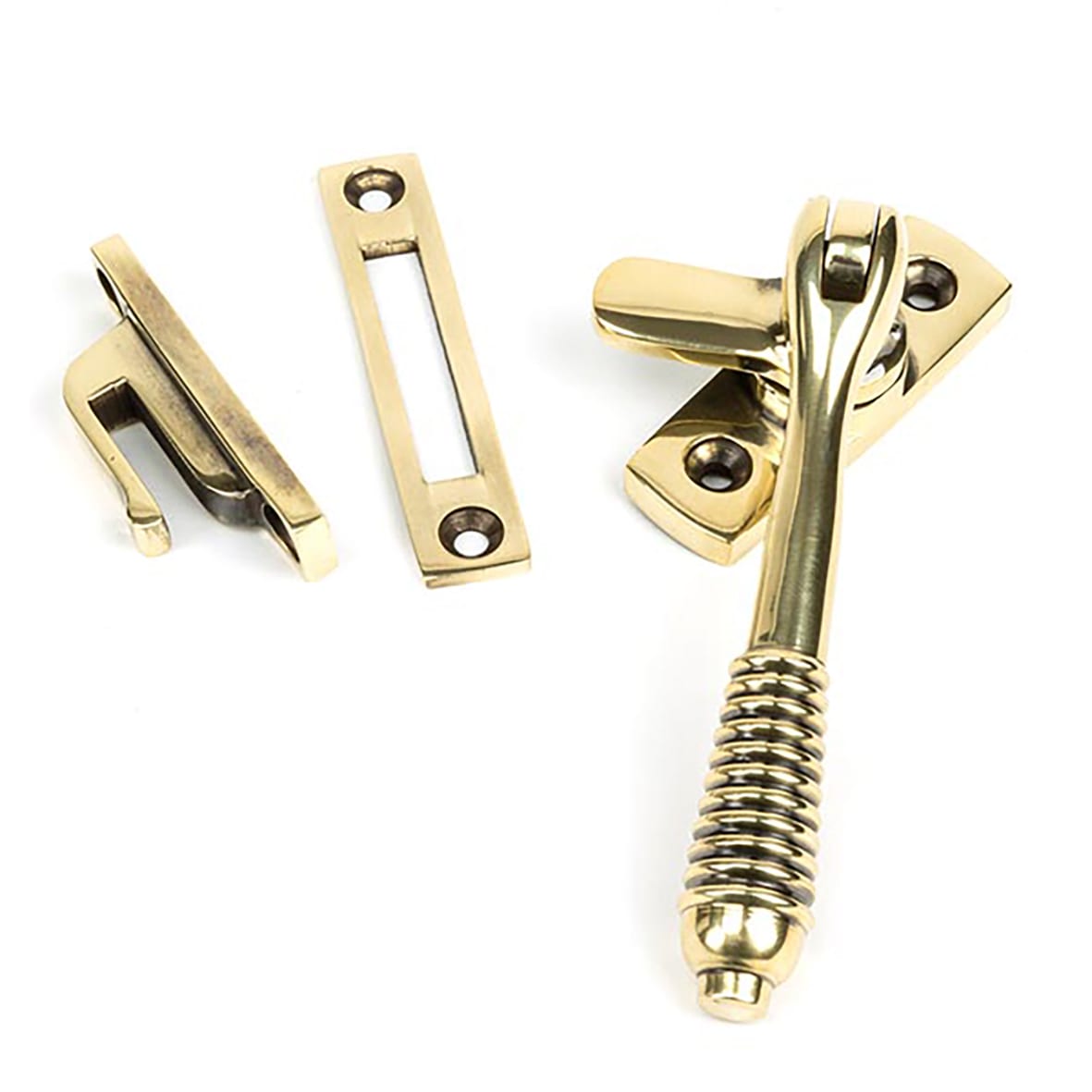 Reeded Locking Mortice & Hook Plate Window Fastener - Reversible - Aged Brass