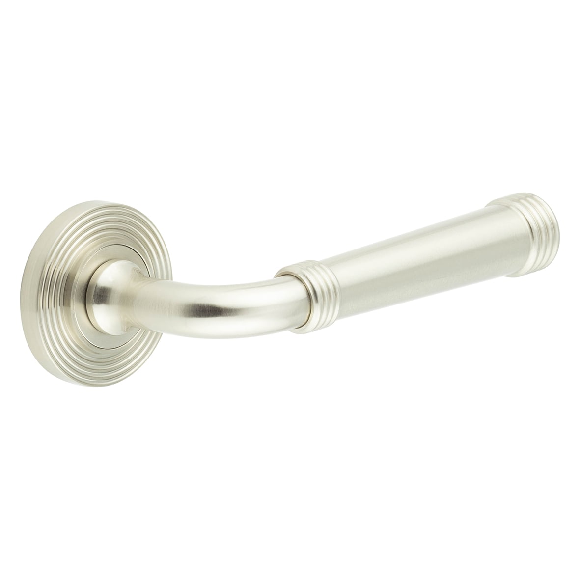 Satin Nickel Fire Rated Door Handles on Round Reeded Rose - Highgate Range