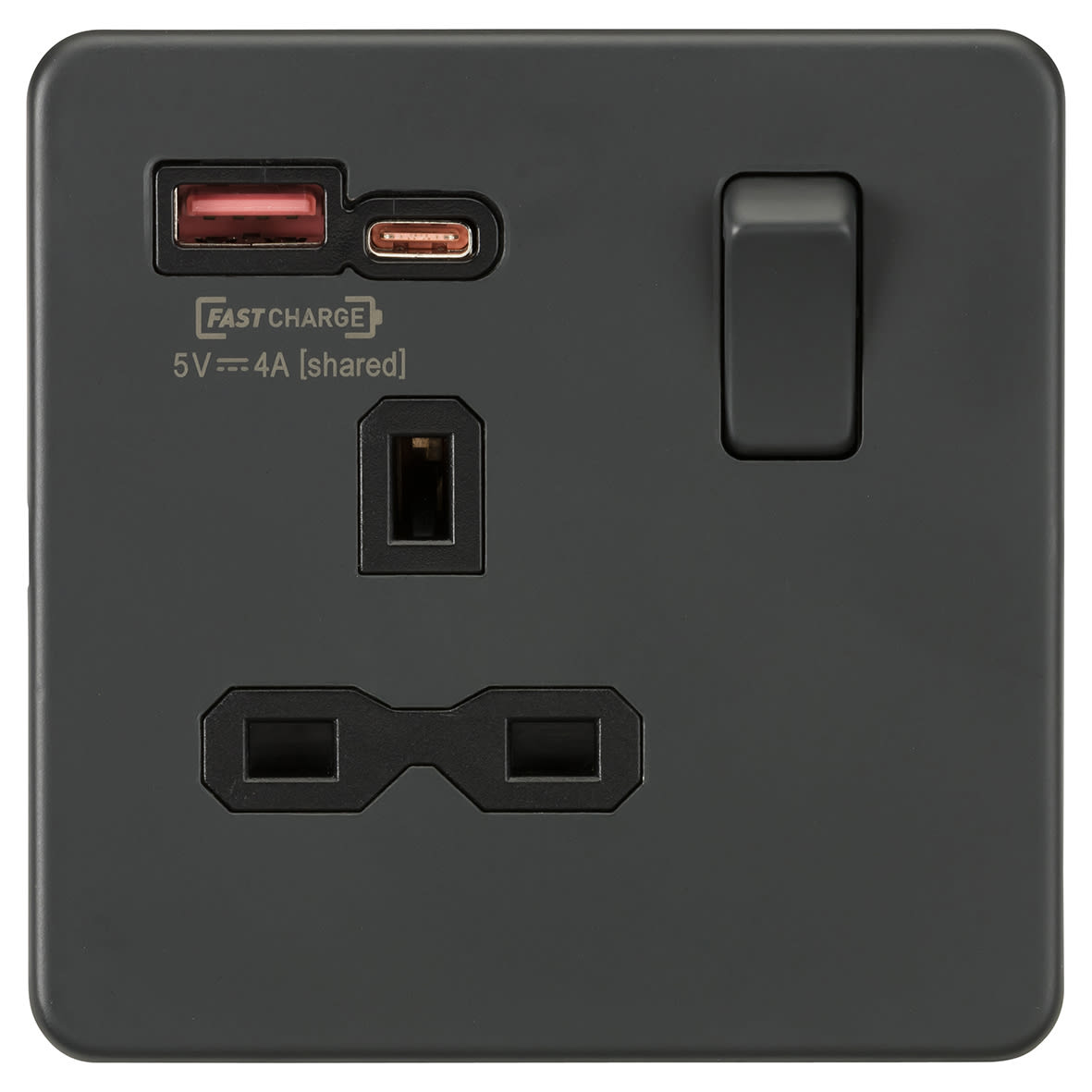 13A 1 Gang Flat Plate Type A/C USB Socket with 2 x USB - 1.5A - Anthracite/Black