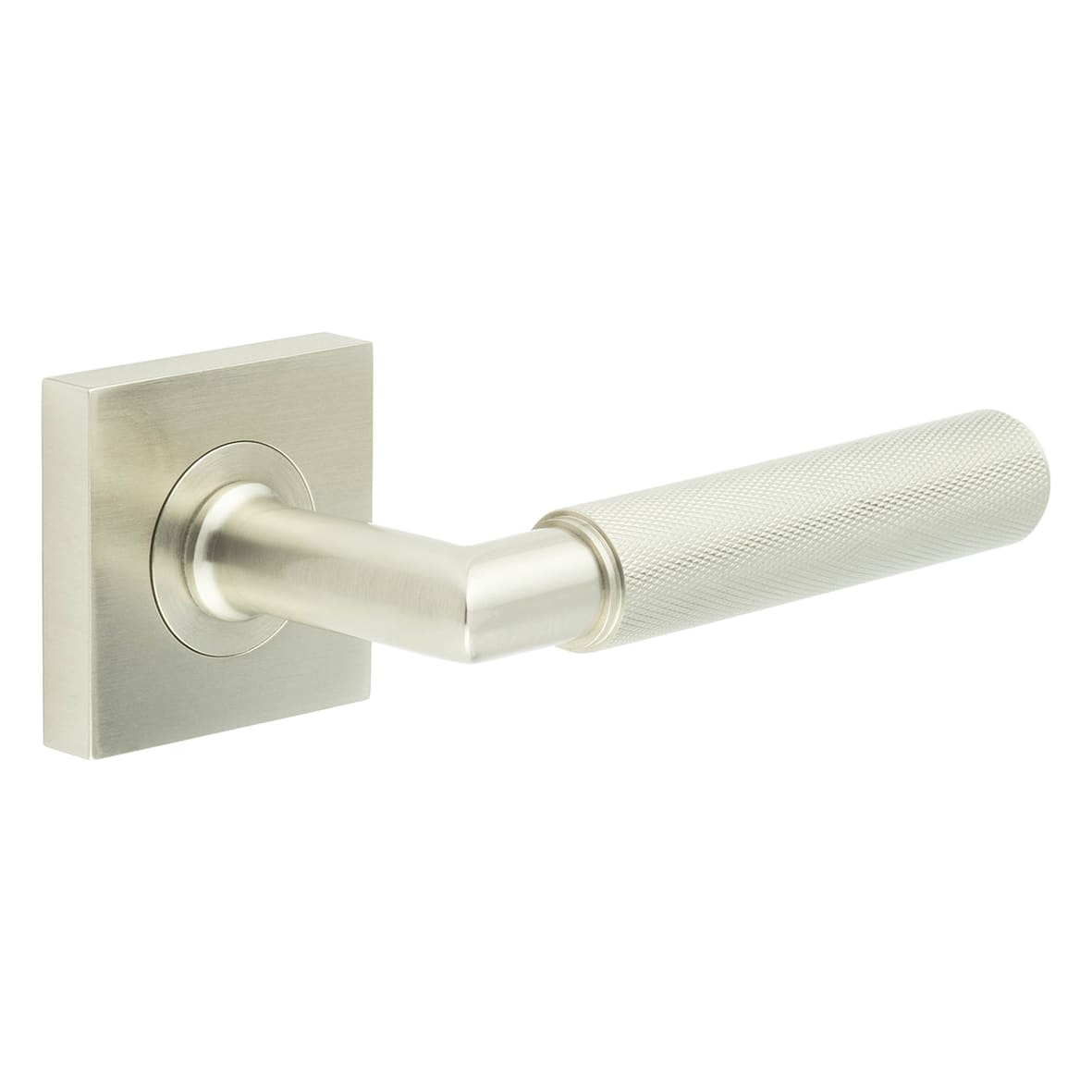 Satin Nickel Knurled Fire Rated Door Handles on Square Rose - Piccadilly Range
