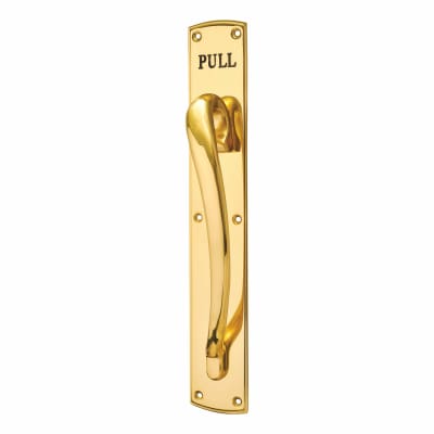 Polished Brass Offset Door Pull Handle on Plate - PULL - Screw Fix - 450 x 75mm - RH